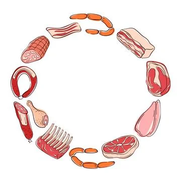 Assorted meat cuts, sausage, ham, bacon, ribs, steak and chicken arranged in a Illustrazione stock