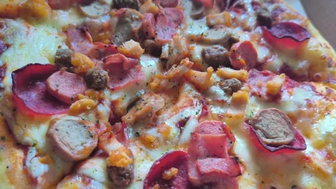 Assorted Meat Pizza Closeup Macro Shot Stock Footage 340373378