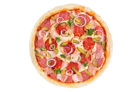 Assorted meat pizza on a white background. View from above. Foto stock