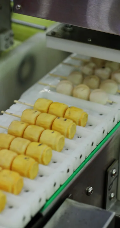 Assorted meat skewers moving on conveyor in automated food processing line Stock Footage 346704809