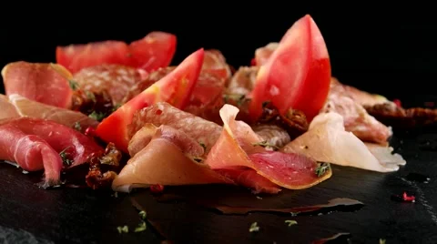 Assorted meat snacks (ham, salami, bacon) Video stock 66481664