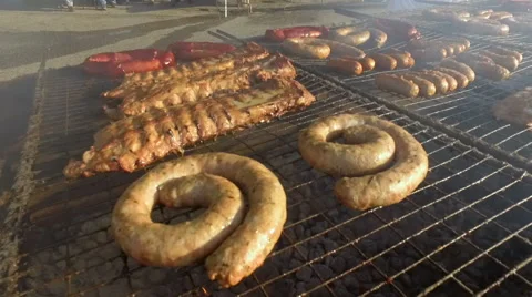 Assorted Meats Cooking on Grill Stock Footage 66768114