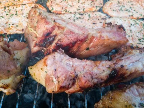 Assorted meats grilling Stock Photos