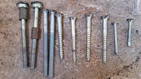 Assorted metal screws arranged in a row. Various steel fasteners for Stock Photos
