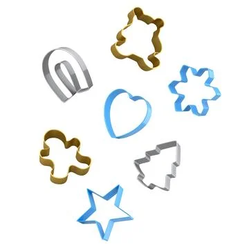 Assorted metallic cookie cutters in holiday shapes isolated on white backgr.. Stock Illustration
