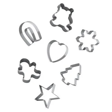 Assorted metallic cookie cutters in holiday shapes isolated on white backgrou Stock Illustration