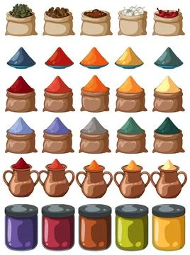 Assorted Middle Eastern Spices and Colorful Jars Vector Set Stock Illustration