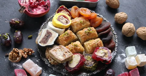 Assorted middle eastern sweets. Traditional arabic  desserts, Ramadan sweets Stock Footage 257760252