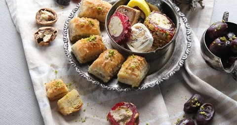 Assorted middle eastern sweets. Traditional arabic  desserts, Ramadan sweets Stock Footage 257760361