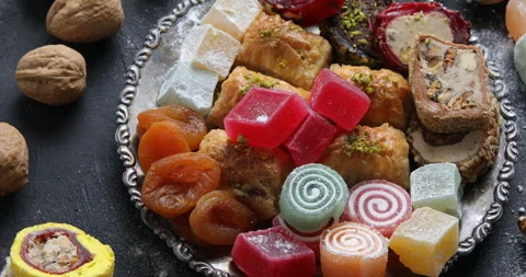 Assorted middle eastern sweets. Traditional arabic desserts, Ramadan sweets Stock Footage 258020663