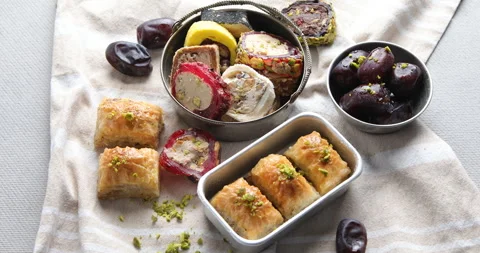 Assorted middle eastern sweets. Traditional arabic desserts,  Stock Footage 258020766