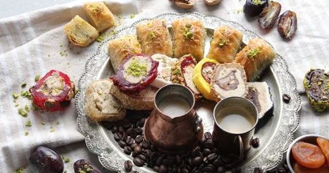Assorted middle eastern sweets. Traditional arabic desserts Stock Footage 258021985