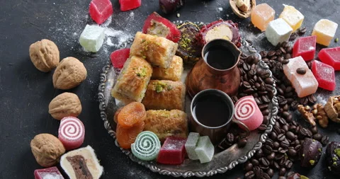 Assorted middle eastern sweets. Traditional arabic desserts Stock Footage 258419646