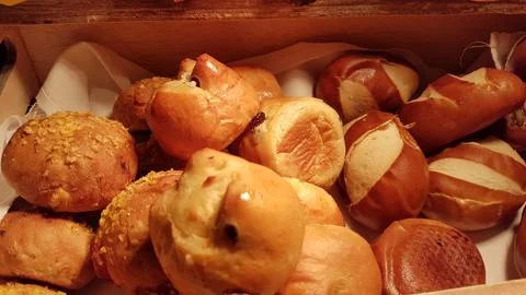 Assorted Mini Bread Rolls and Fresh Bakery Buns Display Stock Photos