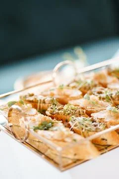 Assorted mini bruschetta with various toppings and microgreens elegantly serv 库存照片