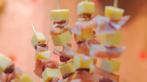 Assorted mini canapes, delicacies and snacks, restaurant food at event. Stock Footage 121373953
