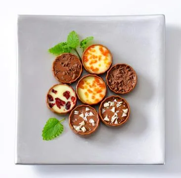 Assorted mini desserts on a square plate Stock Photos