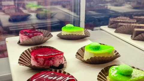 Assorted mini mousse cakes with bright pink and green mirror glaze topped w.. Stock Photos
