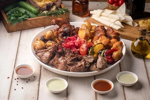 Assorted mixed grilled meat platter Stock Photos