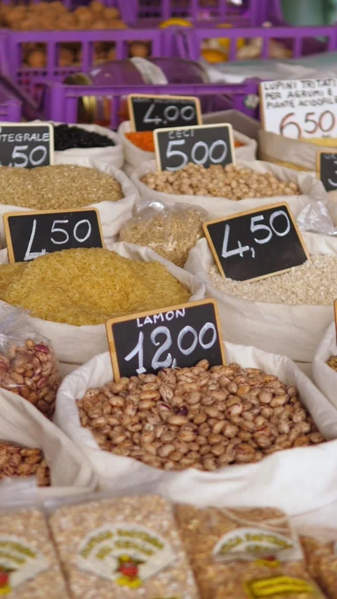 Assorted Mixed Legumes on Display at a Traditional Italian Food Market Stock Footage 335695069