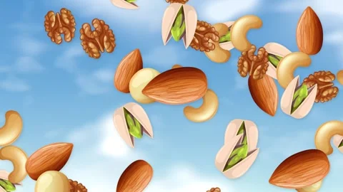 Assorted Mixed Nuts Falling Through a Bright Blue Sky Stock Footage 345294068