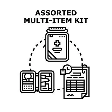 Assorted multi item emergency preparedness and first aid kit concept Illustrazione stock