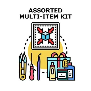 Assorted multi item kit collecting different products and tools Stock Illustration