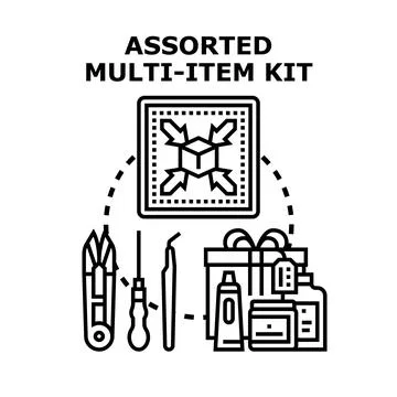 Assorted multi item kit collecting different products and tools Stock Illustration