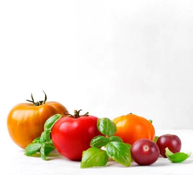 Assorted multicolored tomatoes and basil in composition on white Stock-Fotos