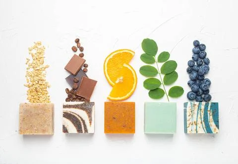 Assorted natural handmade soap bars Top view of assorted variety of differ... 스톡 사진