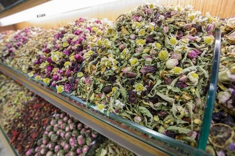 Assorted Natural Turkish Herbal Tea Blends with Dried Flowers and Herbs in .. Stock Photos
