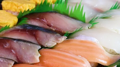 Assorted nigiri sushi close up, rotating Video stock 319412874