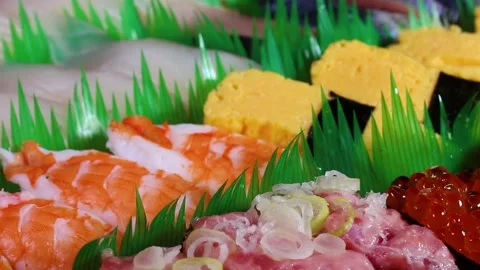 Assorted nigiri sushi close up, rotating Stock Footage 319412875