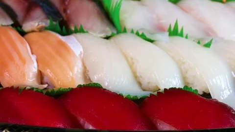 Assorted nigiri sushi close up, rotating Stock Footage 319922402