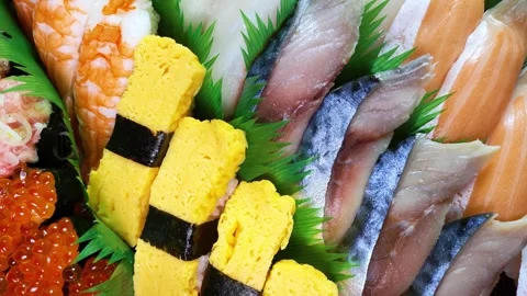 Assorted nigiri sushi close up, rotating Stock Footage 319922482