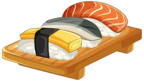 Assorted Nigiri Sushi Set with Salmon Tuna and Tamago on Wooden Geta Stock Illustration