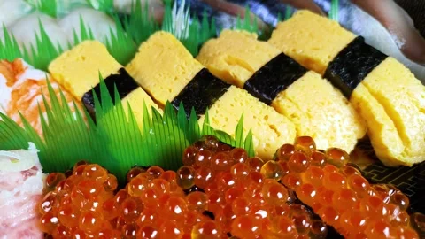 Assorted nigiri sushi on a tray, rotating Stock Footage 318377484