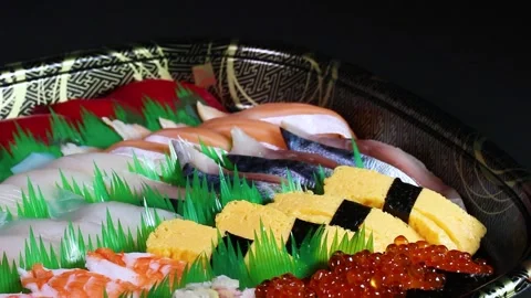 Assorted nigiri sushi on a tray, rotating Stock-Footage 319412876