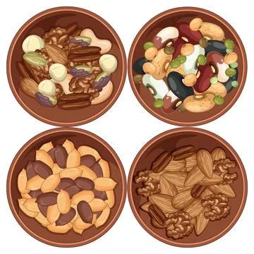 Assorted Nuts and Beans in Wooden Bowls Top View Stock Illustration
