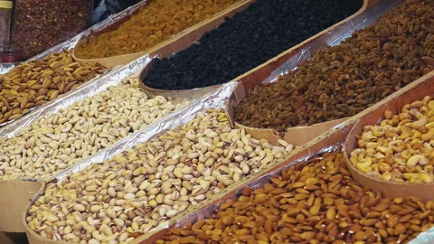 Assorted Nuts and Dried Fruit for Sale at Dubai Market Stock Footage 130213895