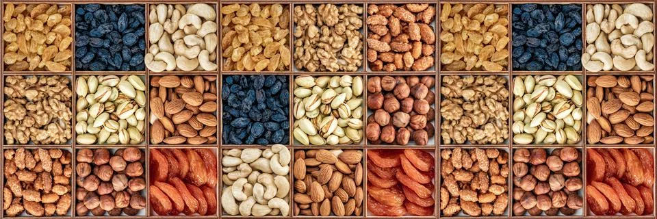 Assorted nuts and dried fruit collection. Assorted nuts almonds, pistachio, c Stock Photos
