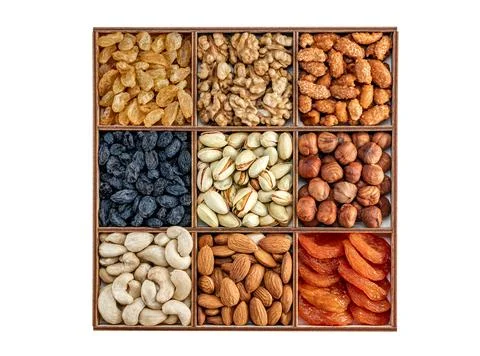Assorted nuts and dried fruit collection. Different superfoods. Vegetarian sn Stock Photos