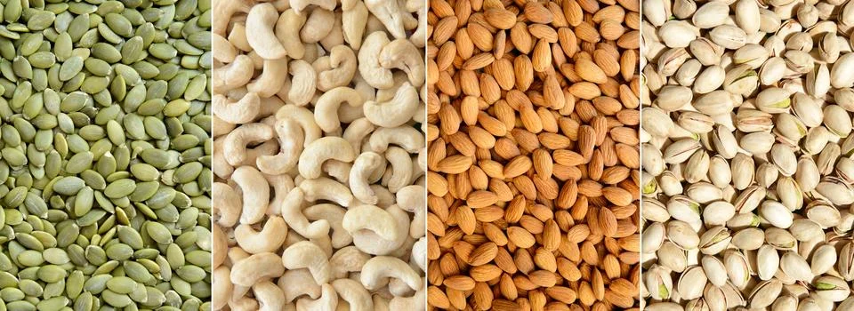 Assorted Nuts and Seeds Close Up: Pumpkin Seeds, Cashews, Almonds and Pistachios 库存照片