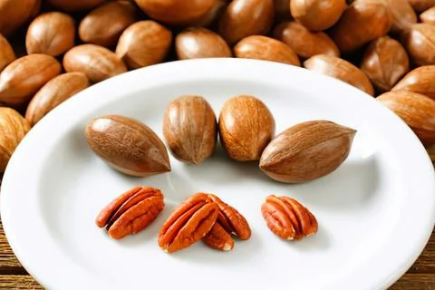 Assorted nuts on a plate with scattered background Stock Photos
