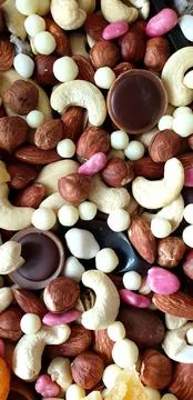 Assorted nuts, variety, mixture of different types of nuts Stock Photos