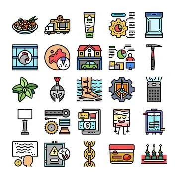 Assorted objects collection illustrating various industrial and lifestyle c.. Stockillustratie