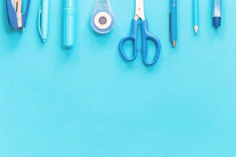 Assorted office and school white and blue stationery Stock Photos