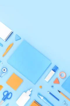 Assorted office and school white blue and orange stationery Stock Photos