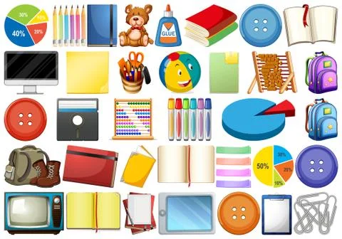 Assorted office, home and school related objects and toys isolated Stock Illustration