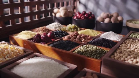 Assorted Organic Grains and Nuts Displayed in Wooden Bowls Stock Footage 336559673